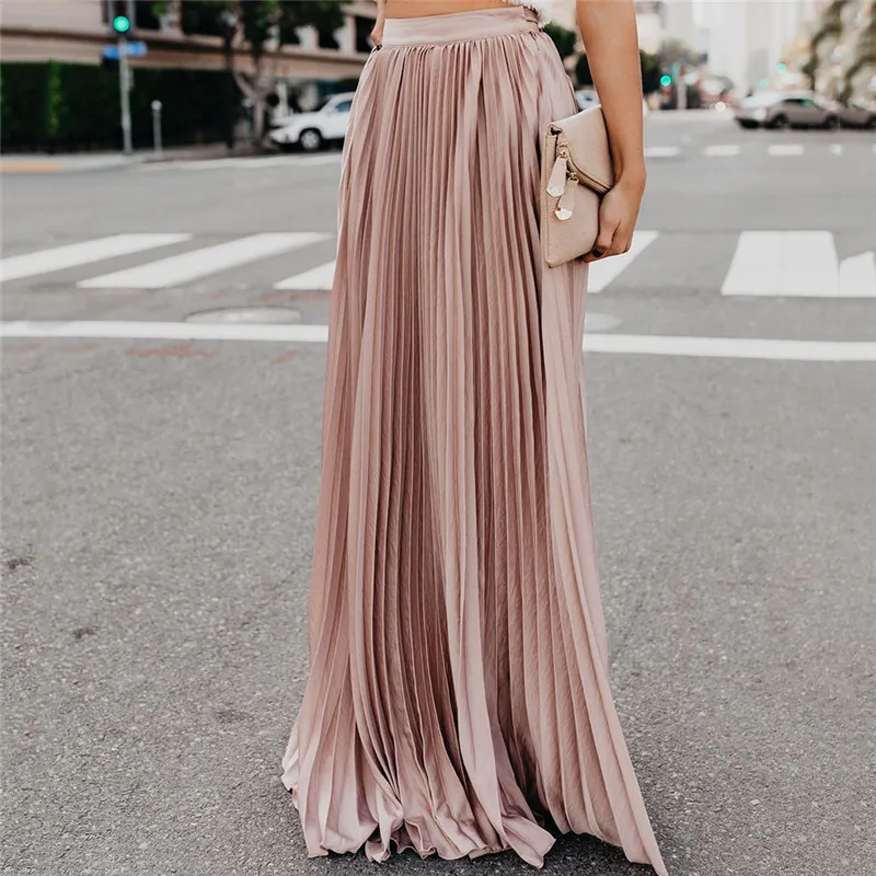 

2021 Spring Autumn Fashion Women's High Waist Pleated Skirt Solid Color Ankle-Length Elastic Skirt Vintage Female Casual Skirts