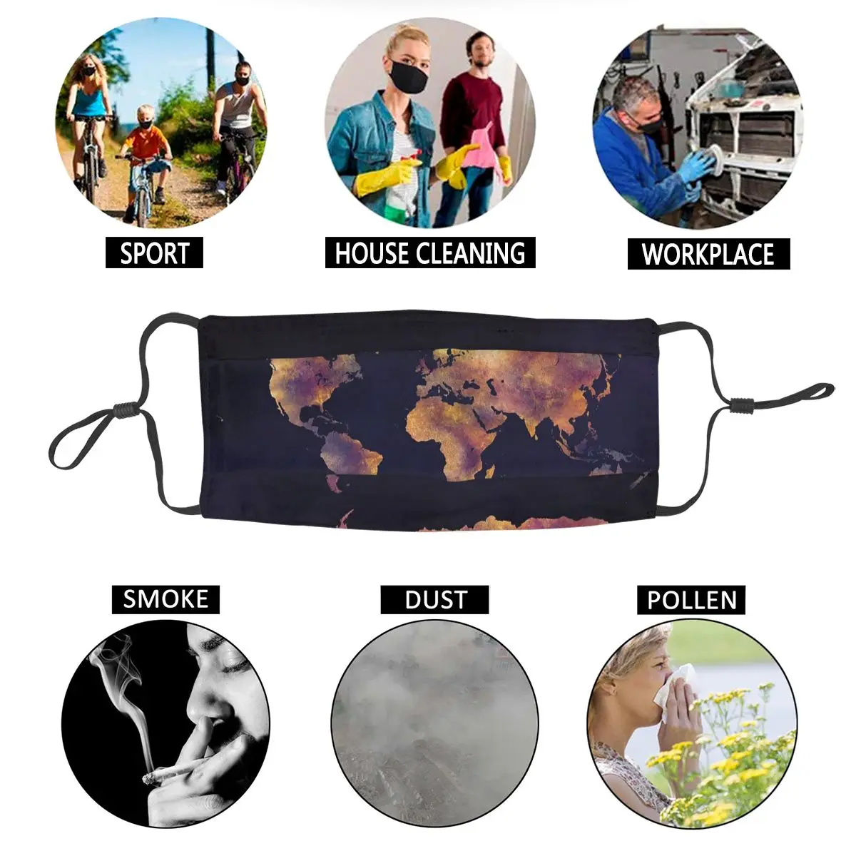 

World Map Adult Non-Disposable Face Mask Ocean Earth National Dustproof Protection Cover Respirator