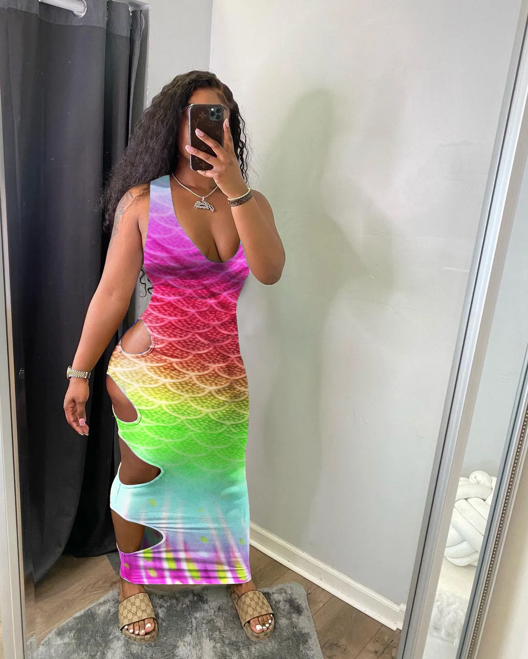 

Women Dress Print Hollow Out Sleeveless Long Dress Deep V-neck Summer Clothes For Women