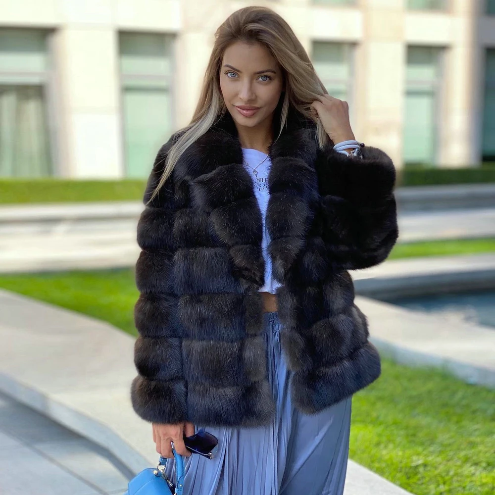 

Fashion New Whole Skin Genuine Fox Fur Jacket Natural Woman Dark Sable Color Overcoat Female Women's Real Fox Fur Coat Winter