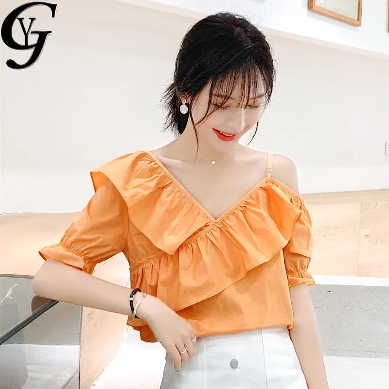 

2021 Summer Boho Tops Women Sexy One Off Shoulder Short Sleeve Ruffle Blouse Femme Elegant Solid Chemisier Femme Blusa Mujer