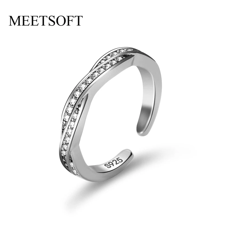 

MEETSOFT Trendy 925 Sterling Silver Minimalist Cross Zircon Moissanite Opening Ring for Women Lovely Fine Jewelry Drop Shipping