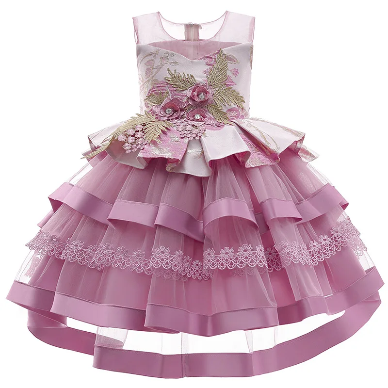 

2021 Flower Kids Cake Dress For Girl Children Costume Prom Party Lace Princess Dresses Girls Vestido Embroidery Gown Sleeveless
