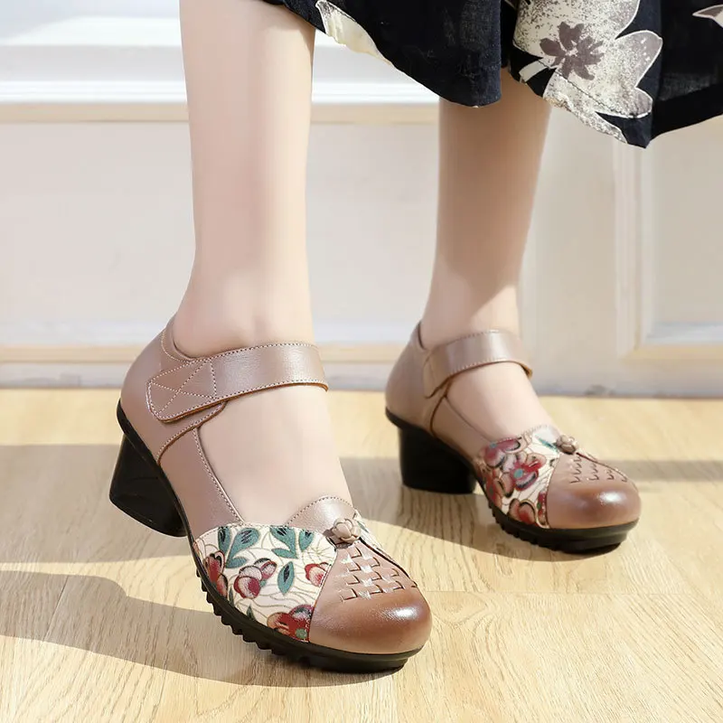 2021 новый национальный стиль ручная работа натуральная кожа квадратный каблук