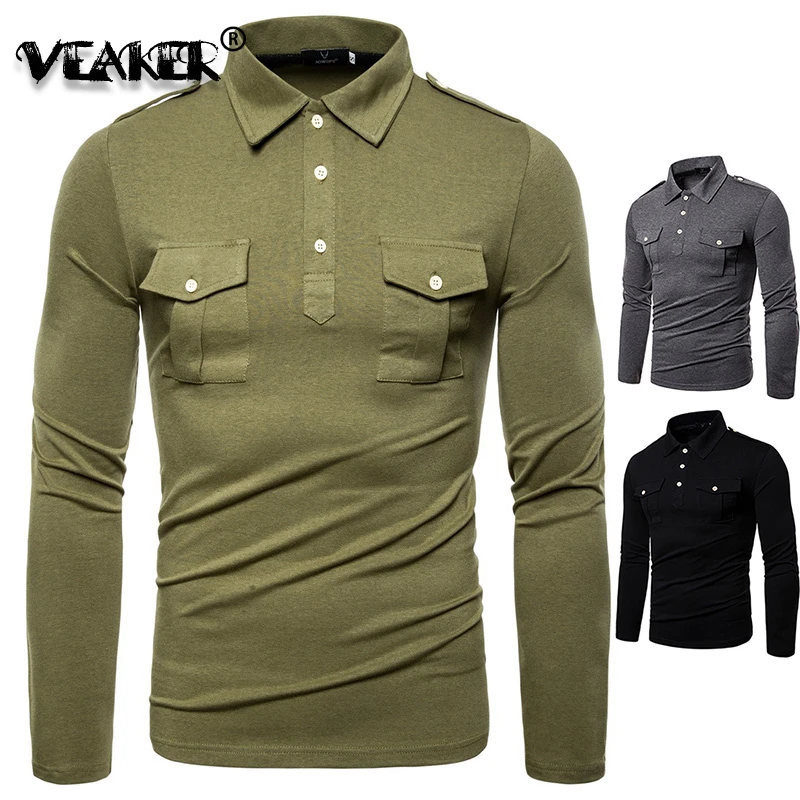 Мужская рубашка поло с длинным рукавом армейский зеленый хлопковый пуловер