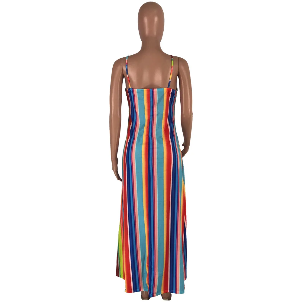 

2020 New Dress Women's V Collar Multi-Color Stripe Loose Spaghetti Strap Dress for Women