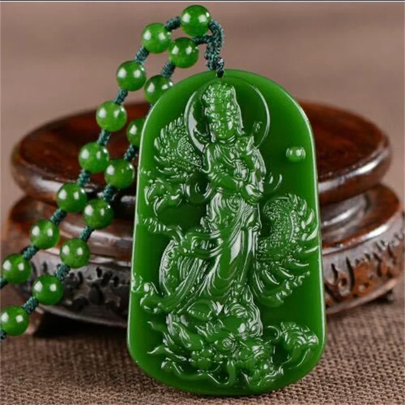 

Hot selling natural hand-carve Hetian Jasper Chenglong Guanyin Green and White Necklace Pendant fashion Men Women Luck Gifts