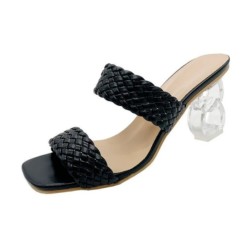 

QIWN 2021 New Spring Fish Mouth Woven One Word Sandals, Women's Crystal High Heels