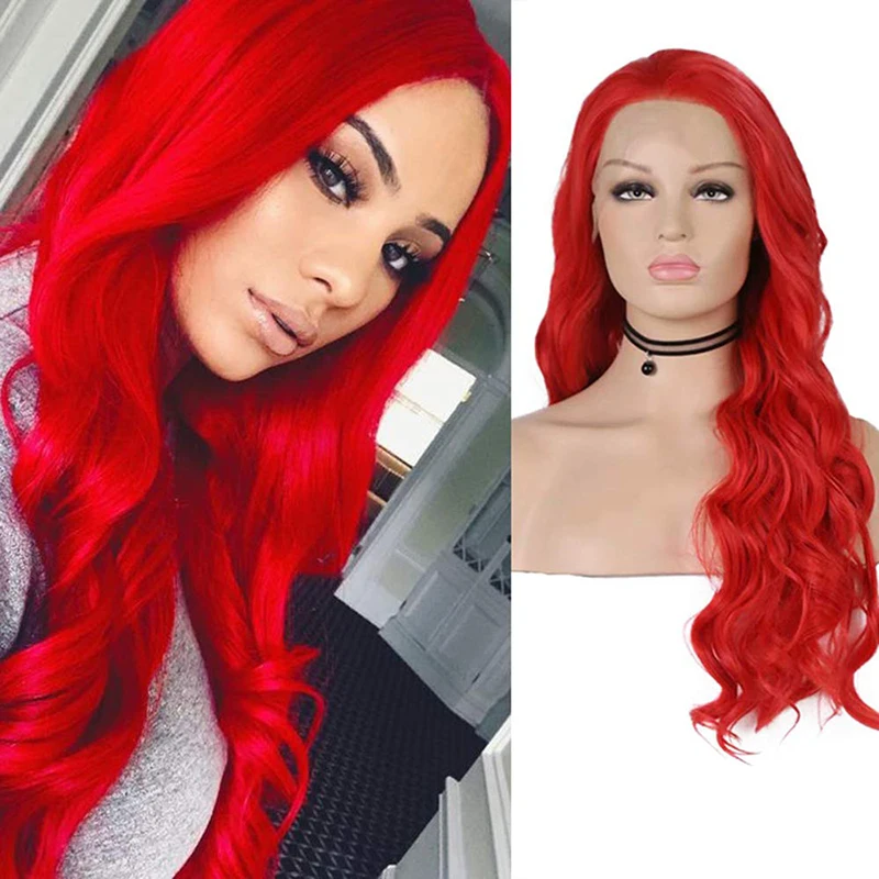 

Горячий красный длинный волнистый синтетический кружевной передний парик AIMEYA для женщин, натуральные волосы, термостойкие волосы из волок...