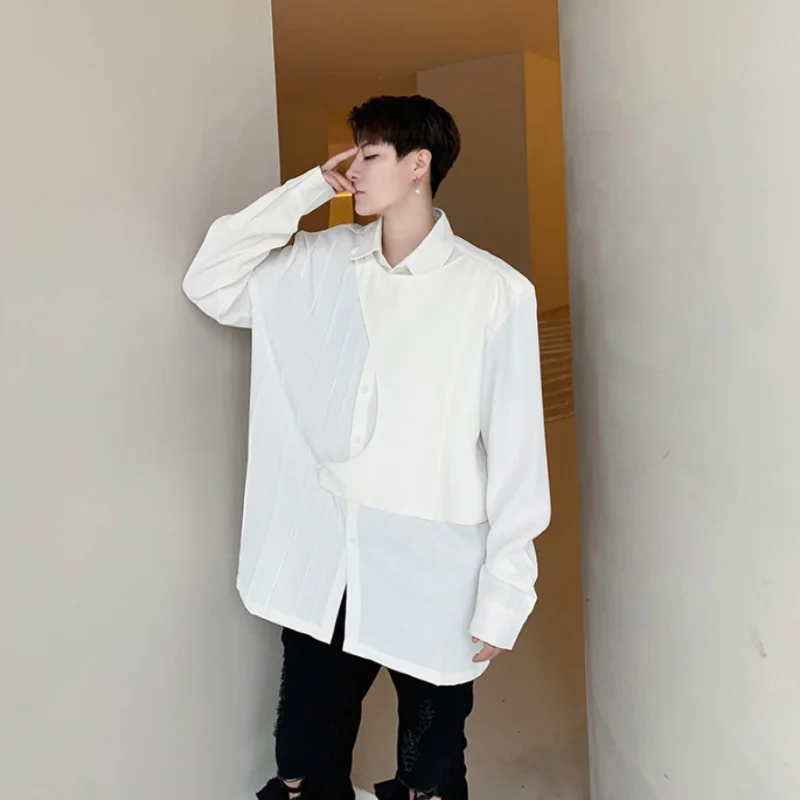 Men's Long Sleeve Shirt Spring And Autumn New Korean Personality Pleated Design Gentleman Mature Youth Leisure Loose Large Shirt