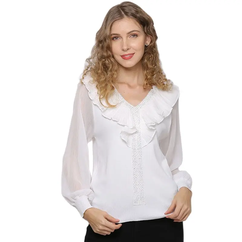 Женская шифоновая блузка XIKOI с оборками и V-образным вырезом белая рубашка