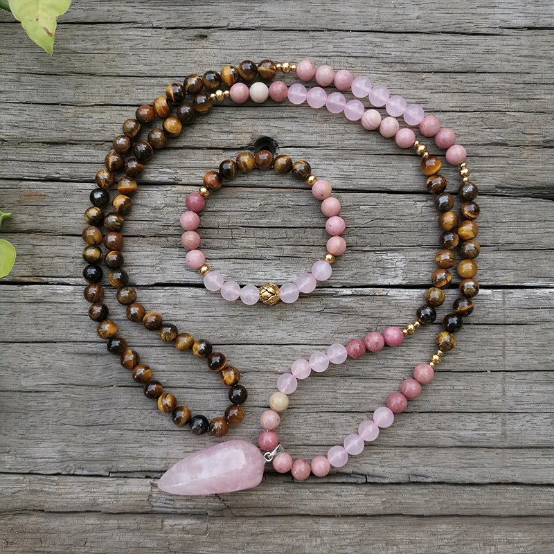 8mm Natural Stone Beads Rose Quartz Tigers Eye Pink Love JapaMala Sets Spiritual Jewelry Meditation Inspirational 108 Mala | Украшения и
