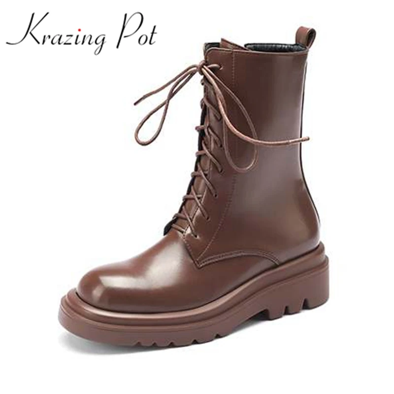 

Krazing Pot microfiber leather round toe med heels motorcycles boots high quality winter shoes big size lace up ankle boots L20