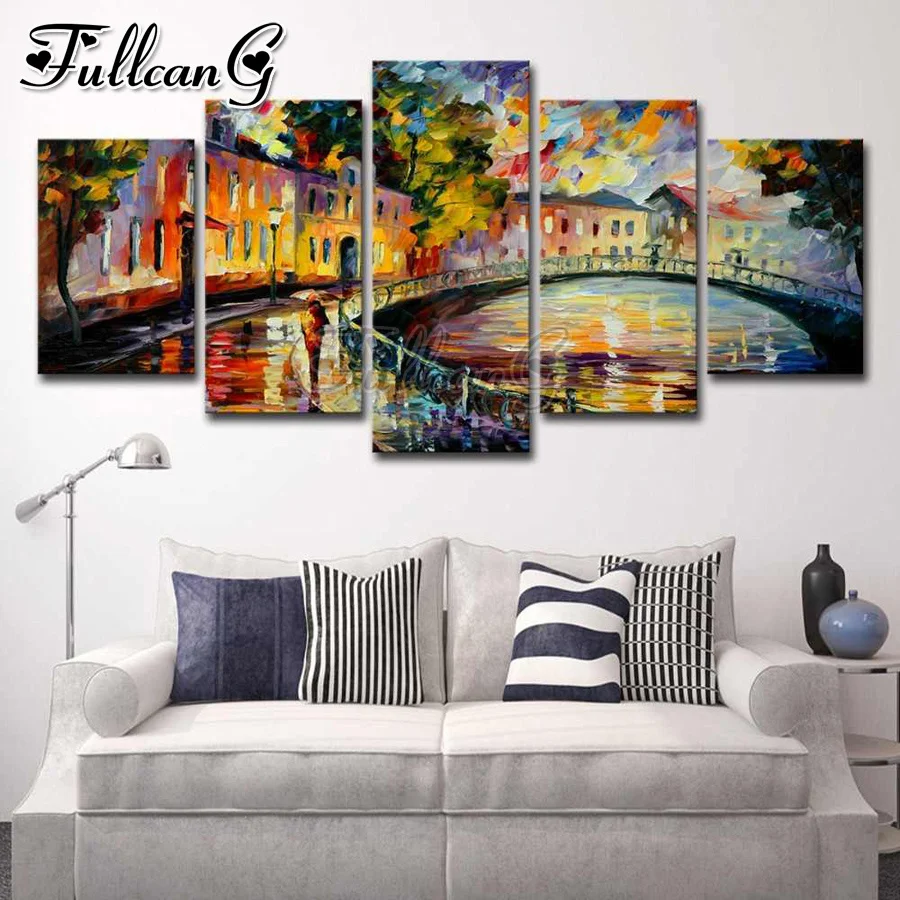 

FULLCANG Abstract bridge landscape 5pcs diy diamond painting full square round drill mosaic embroidery sale decoration FC2817