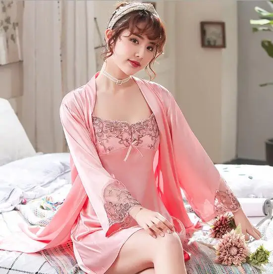 Комплект из двух предметов Женский шелковая атласная пижама кружевной халат с