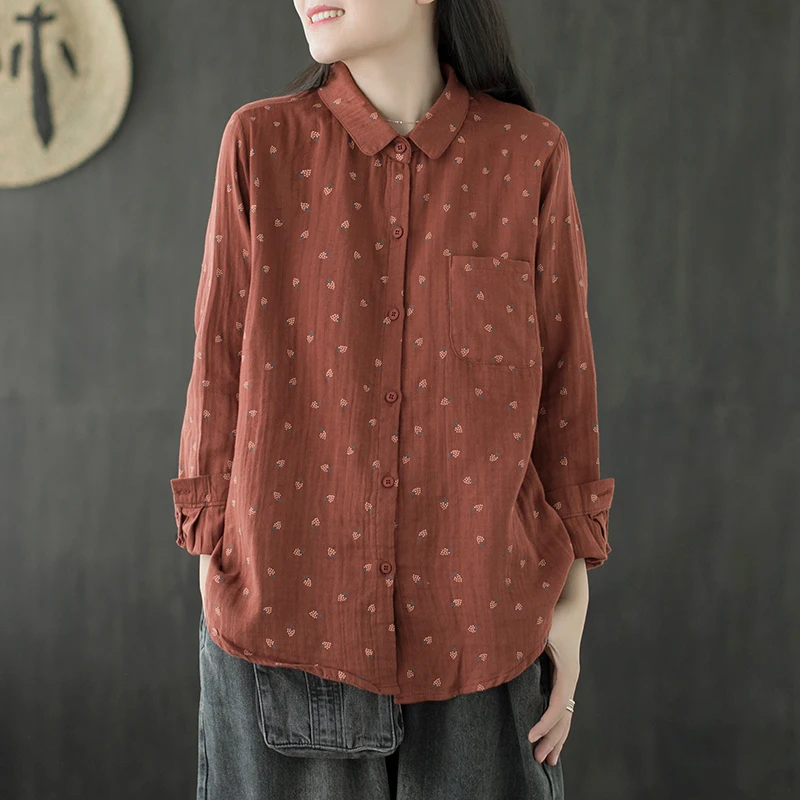 

Lamtrip Vintage Fruit Print Turn Collar Long Sleeve Cotton Yarn Shirt Blouse