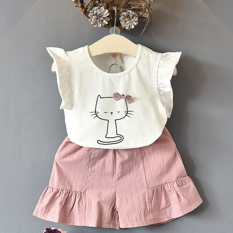 Комплект одежды с рисунком кота для девочек 2 предмета одежда маленьких 2019 г.
