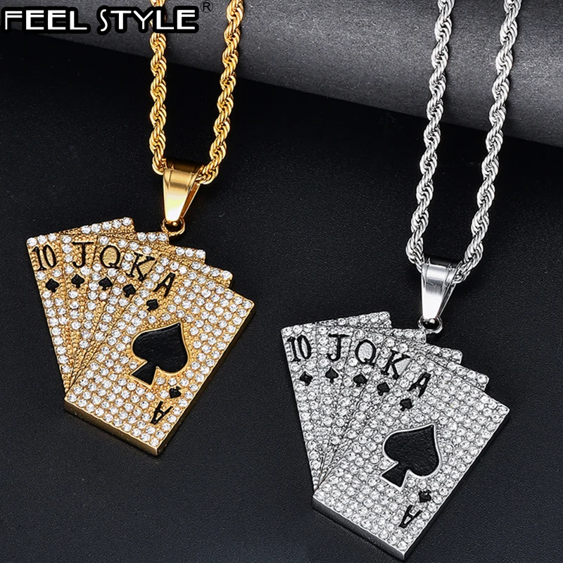 Хип хоп Iced out Bling из нержавеющей стали горный хрусталь игральные карты прямой флеш