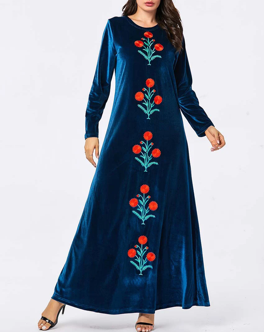 2021 New Muslim Abaya Clothing Velvet Dresses Embroidery Flowers Fashion Loose Plus Size Long sleeve Evening Maxi Dress Ladies |