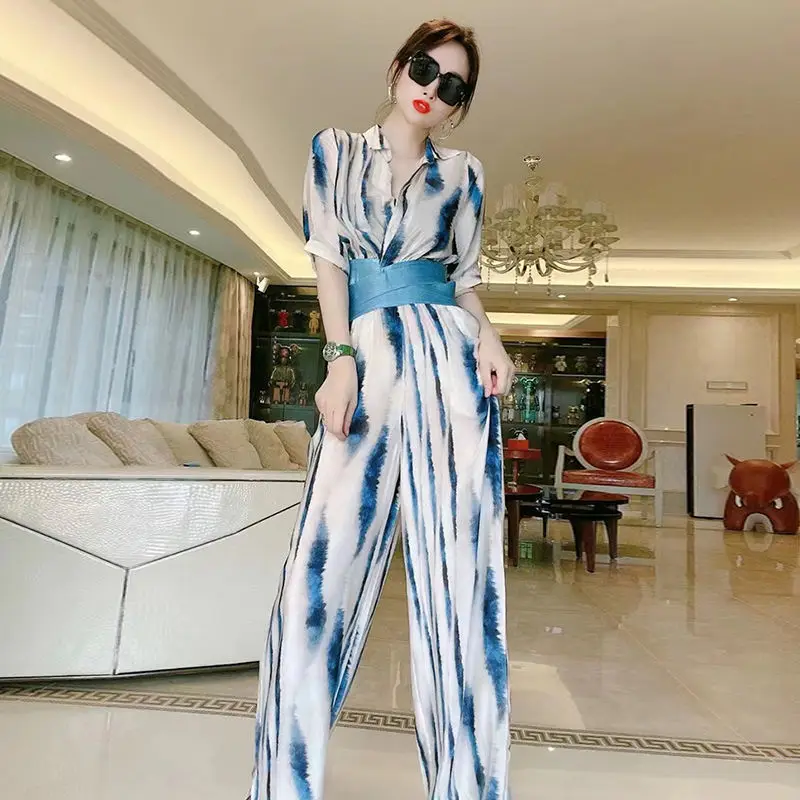 

Women 's Suit Summer Young And Middle-Aged Korean -Style Short-Sleeved Top High Waist Wide-Legged Pants Two - Piece Set