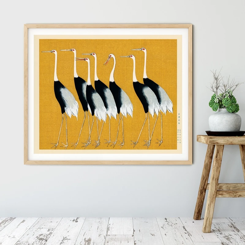 Желтый постер с изображением птиц и журавлей японское Восточное искусство на