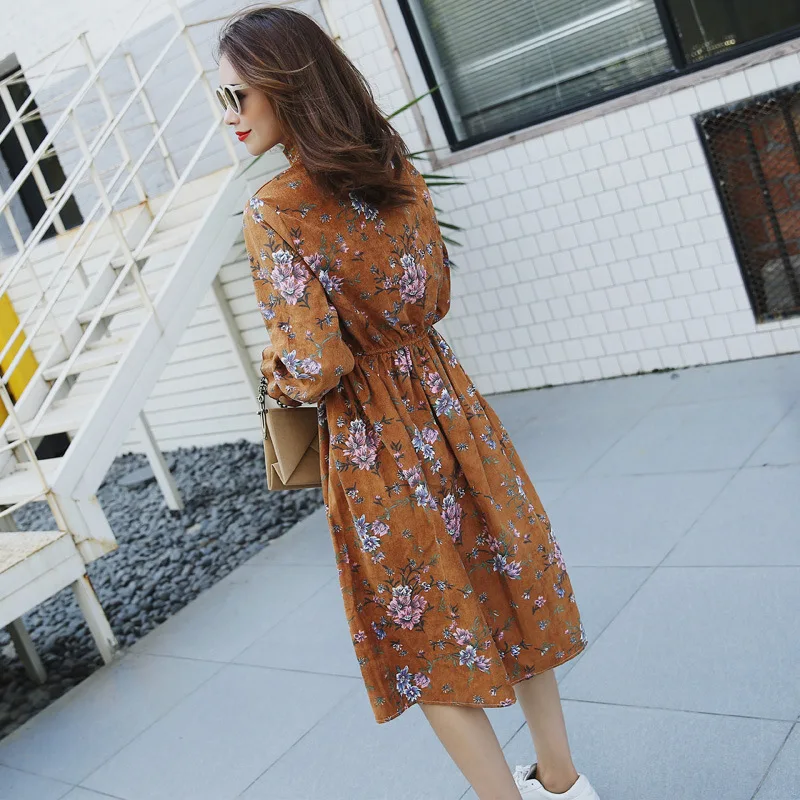 

Autumn Winter Corduroy Floral Vintage Collar Long Sleeve Dress Women's Party Ruffle Dress High Elastic Waist Print Female Dress
