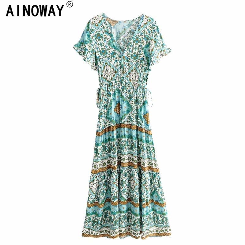 Женское винтажное платье с цветочным принтом зеленое пляжное богемное макси из