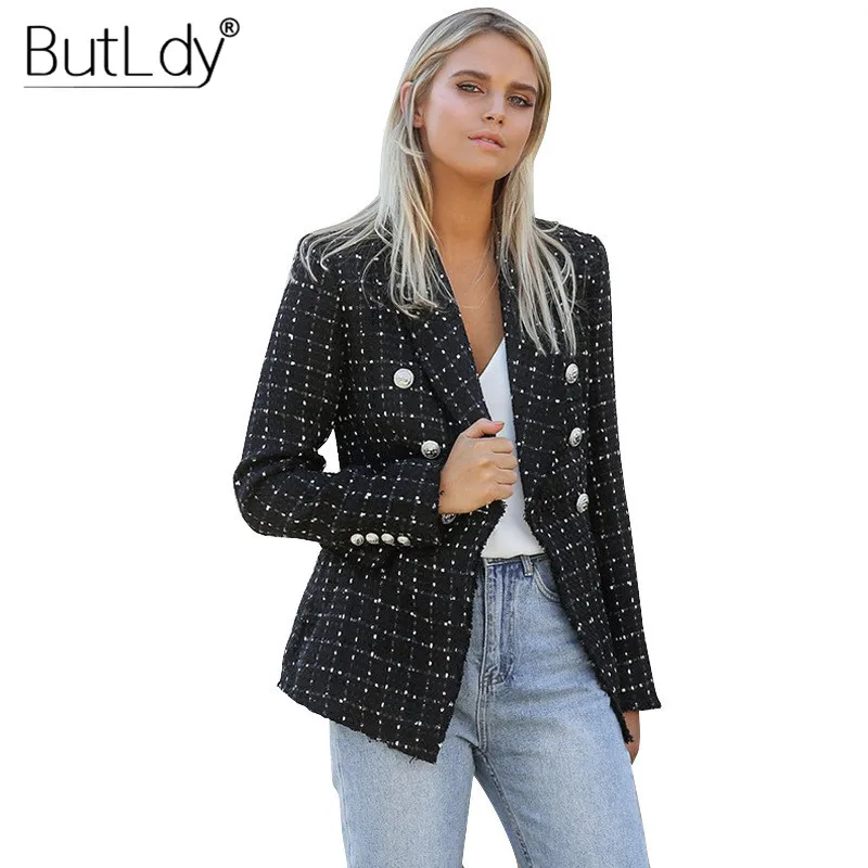 Женский твидовый блейзер в клетку с бахромой осенне зимний жакет длинным рукавом