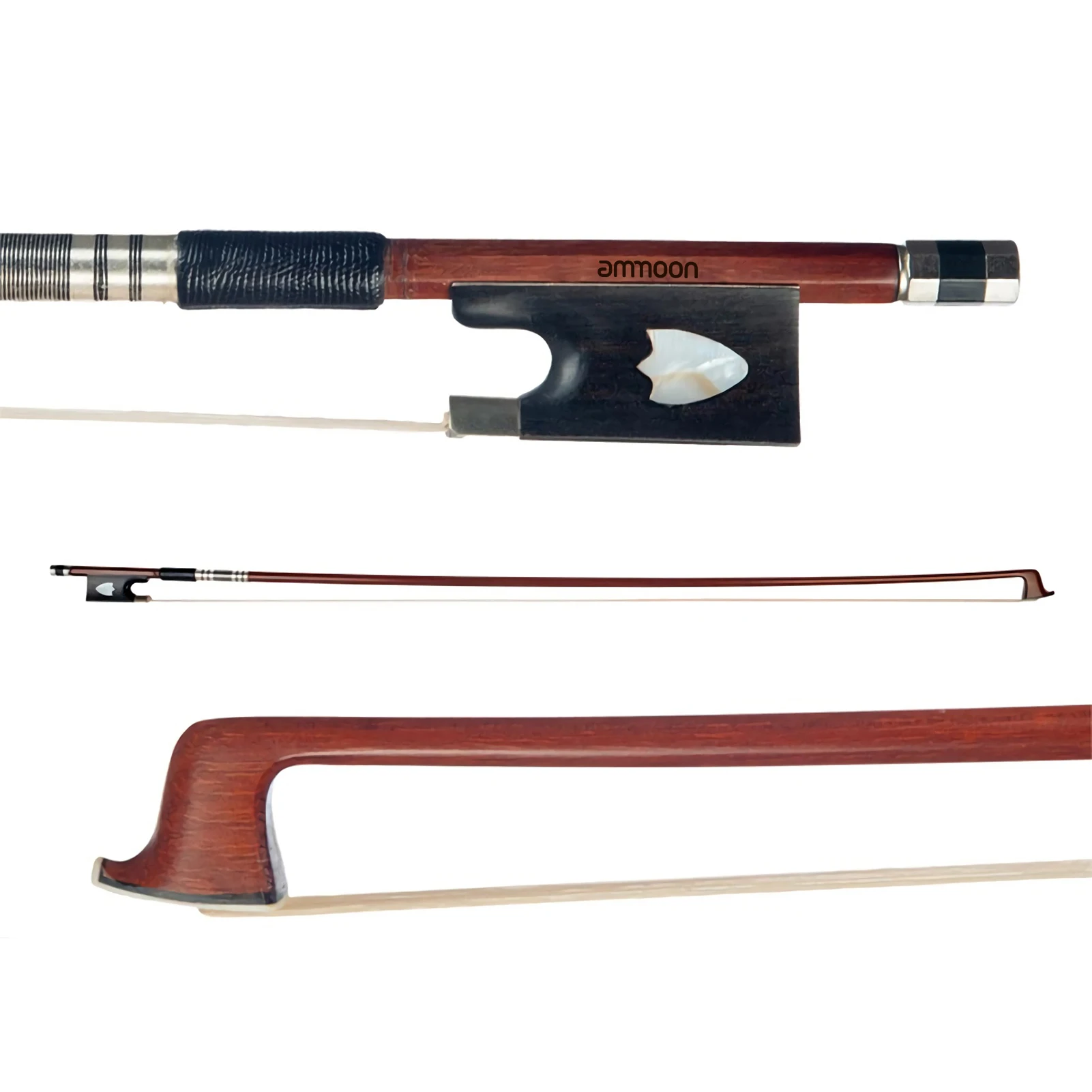 

ammoon 4/4 Violin Fiddle Bow Brazilwood Round Stick Leather Thumb Grip Ebony White Horsetail Hair Well Balanced