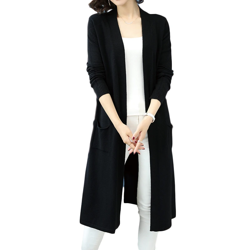 

CN 2020 New Fashion Elegant V Neck Ladies Cardigan Knitted Casual Long Sleeve Long Sweater Vintage Solid Color Female Cardigan