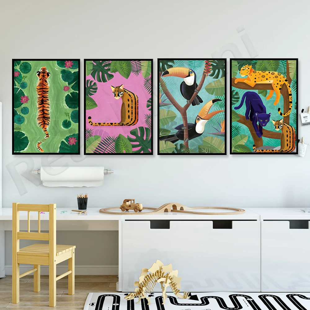 

Tropical art, tiger and water lily, tropical toucan, large tropical cat, ocelot plant tropical jungle animal print plant wall ar