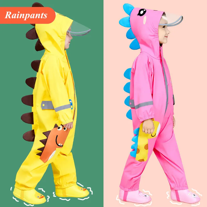 

Children's Raincoat Warterproof Hooded Cartoon Dinosaur Kids Rain Pants For Boys Girls 90-130 Rainwear Overalls LM026