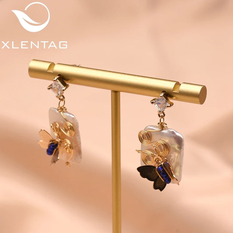 

XlentAg Original Design Geometric Fresh Water Pearl Butterfly Drop Earrings Engagement Wedding Gift For Women Jewelry GE0806