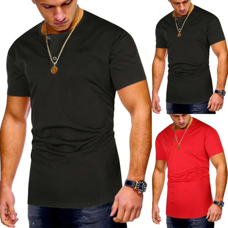 

Mens Summer Short Sleeve T Shirt Buttons Crew Neck Casual Top Blouse Solid