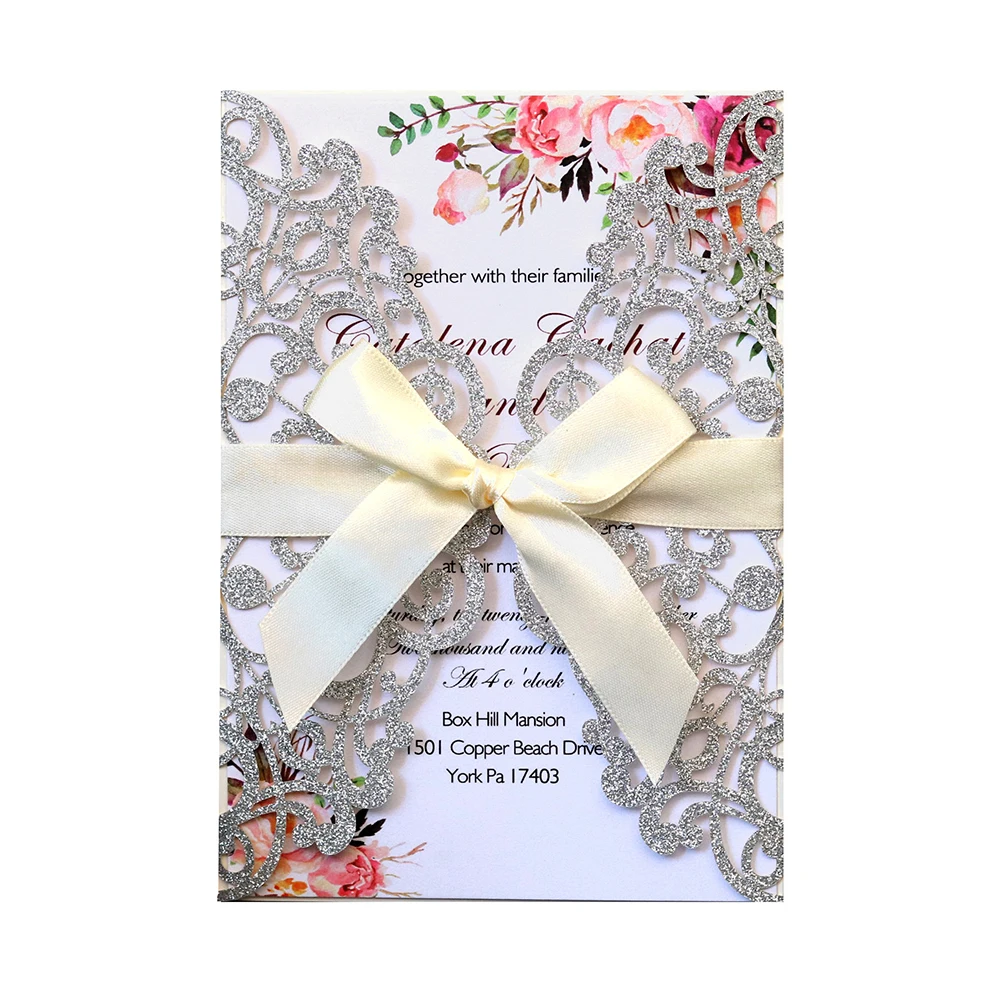 10pcs/Set Exquisite Glitter Paper Laser Cut Wedding Invitation Card With Ribbon Personalized Decor Party Supplies | Дом и сад