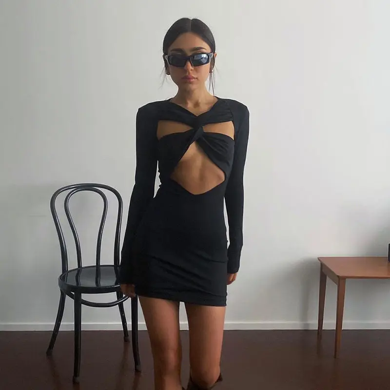 

Ins Hot Girl Style V-neck Sexy Club Cross Long-sleeved Hip Short Skirt Black Hollow Out Slim Temperament Mini Sheath Solid Dress