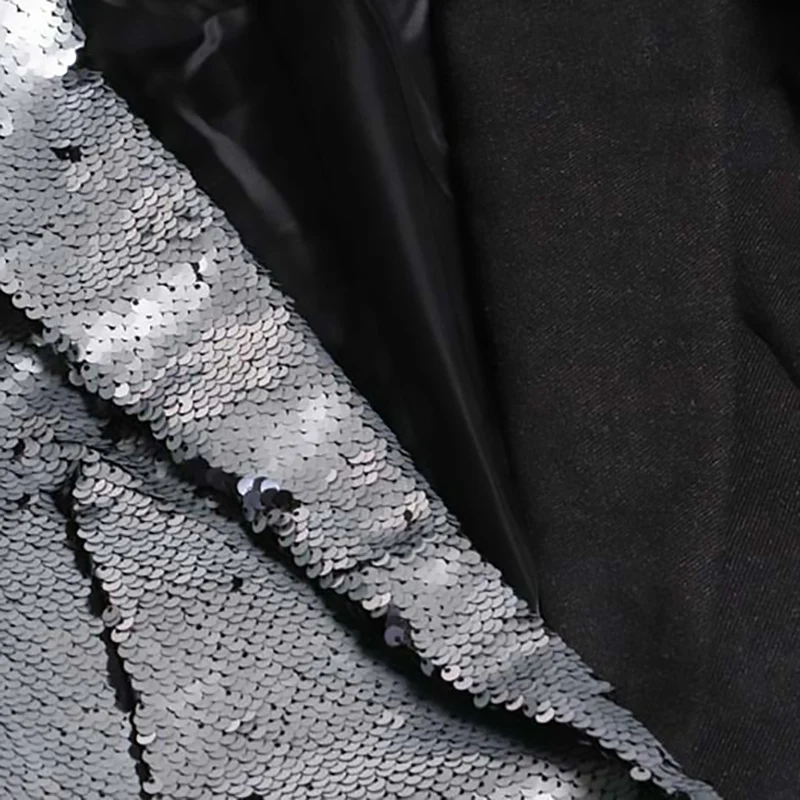 

[EAM] 2021 New Spring Lapel Long Sleeve Half Side Sequins Stitch Loose Buckle Belt Jacket Women Coat Fashion Tide JI994