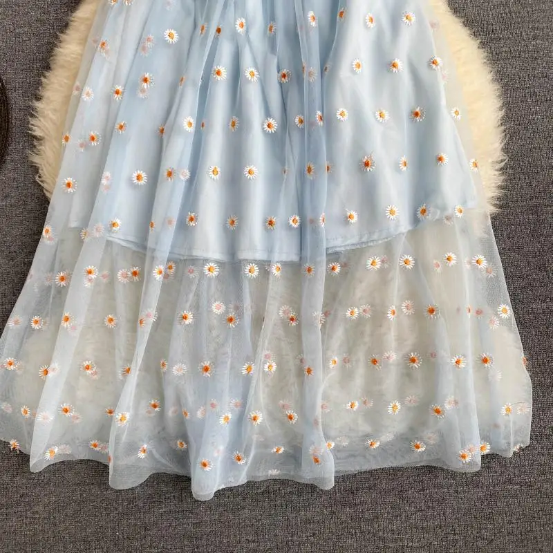 Summer women's dress small daisy collar super fairy sweet net yarn gentle wind beach wind long skirt