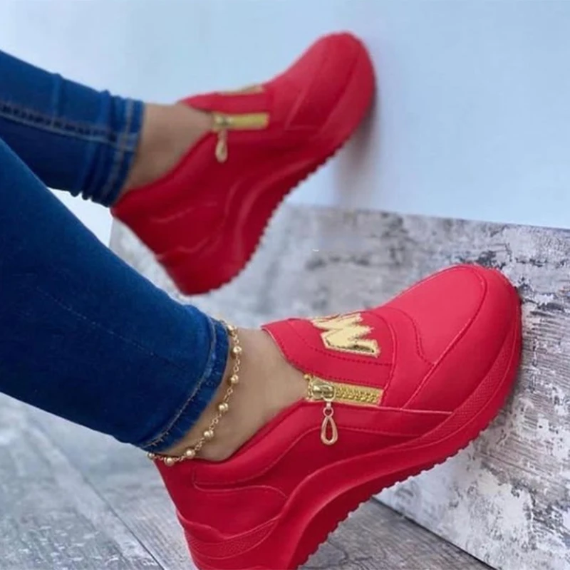 

Women Sport Shoes Thick Bottom Women Vulcanize Shoes Sneakers Solid Color Casual Wedge Walking Slip On Zipper Casual Women Shoes