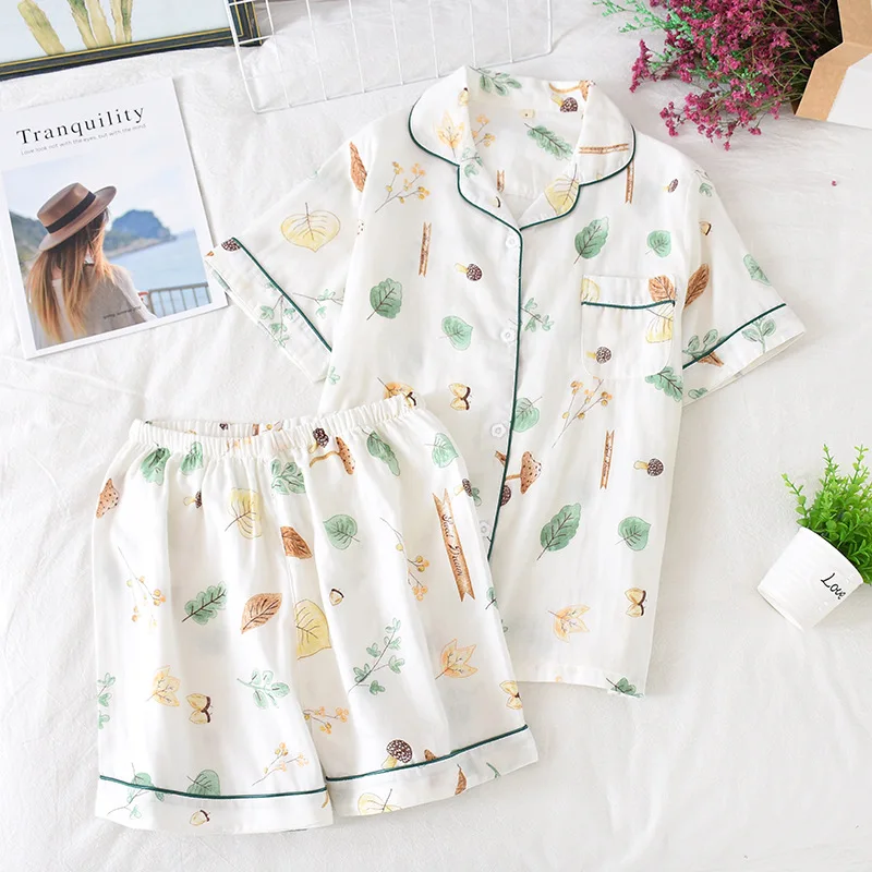 100% Cotton Pyjamas Women Short Sleeves Shorts Pajama Sets Ladies Cute Cartoon Print Japanese Simple Sleepwear Homewear Pijamas | Женская