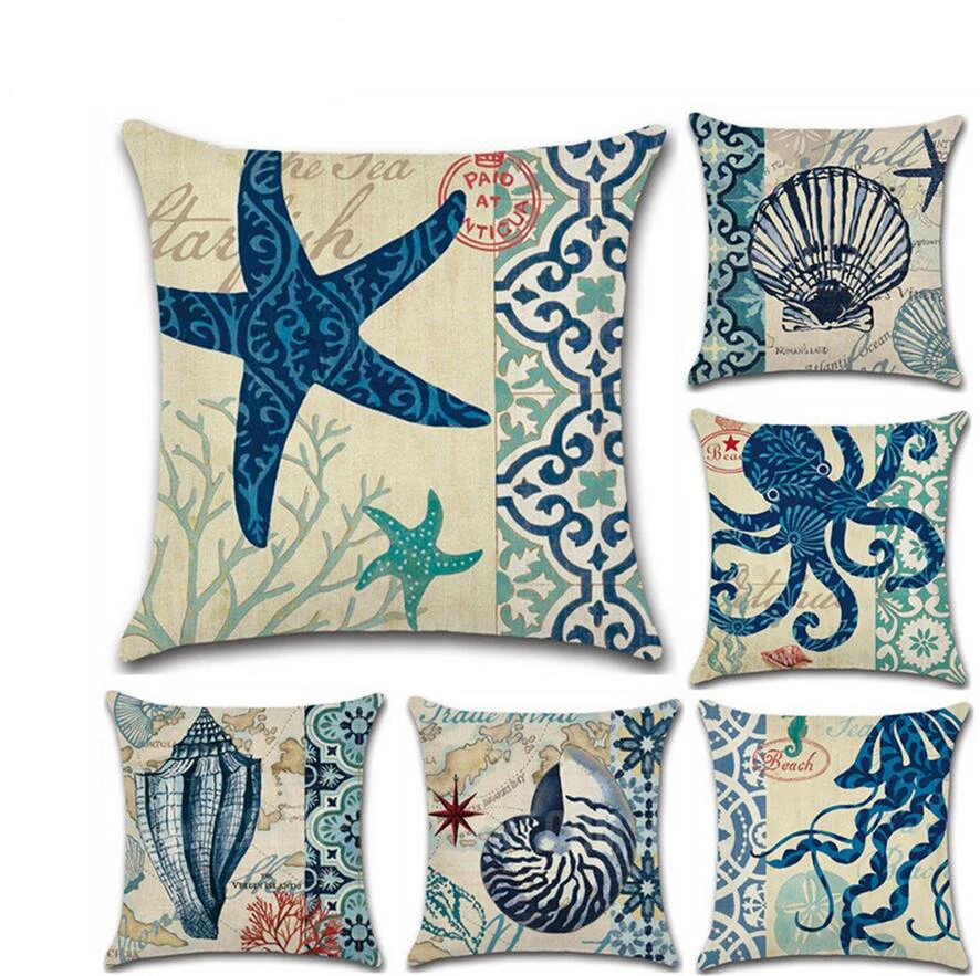 

Hand Drawn Ocean Coral Seahorse Starfish Conch Octopus Printing Pillow Case Home Decoration Linen Sofa Pillow Cover Car Cushion