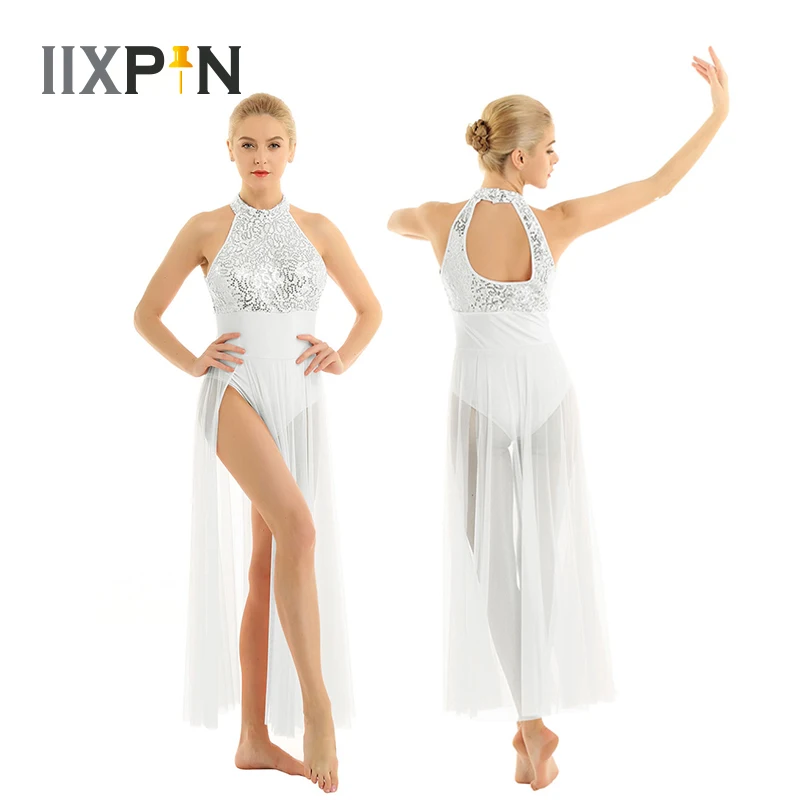 Балетное женское платье без рукавов с лямкой на шее блестящее балетное трико