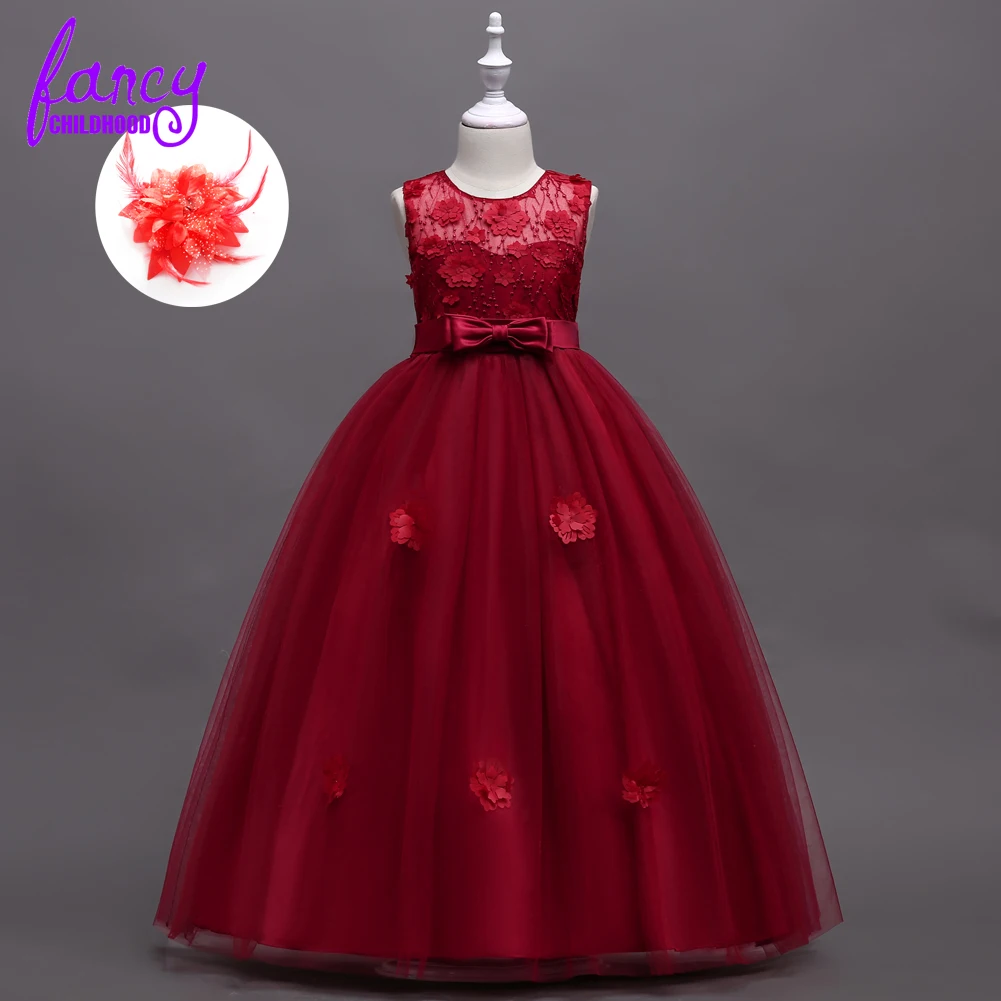 

Children's Formal Ball Gowns Flower Applique Red Burgundy Pink Blue Kids Long Party Dress Lace Long Dress Girls Wedding Gown