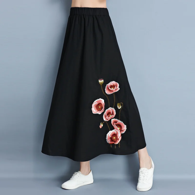 

Skirts Womens Jupe Femme Long Skirt Folk-Custom Embroidery Loose And Comfortable Faldas Mujer Cotton Linen Long Skirts Saias