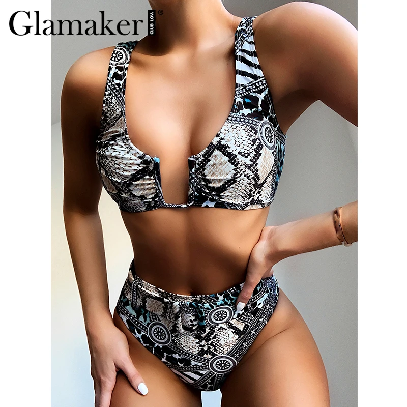 Glamaker змеиный принт женский купальник из двух частей сексуальный микро бикини с
