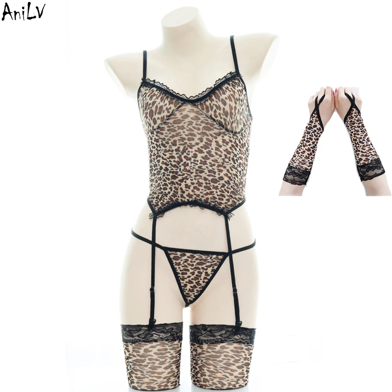 

AniLV Women Sexy Leopard Spaghetti Strap Underwear Costume Garter Socks Private Pajamas Swimwear Pool Party Cosplay