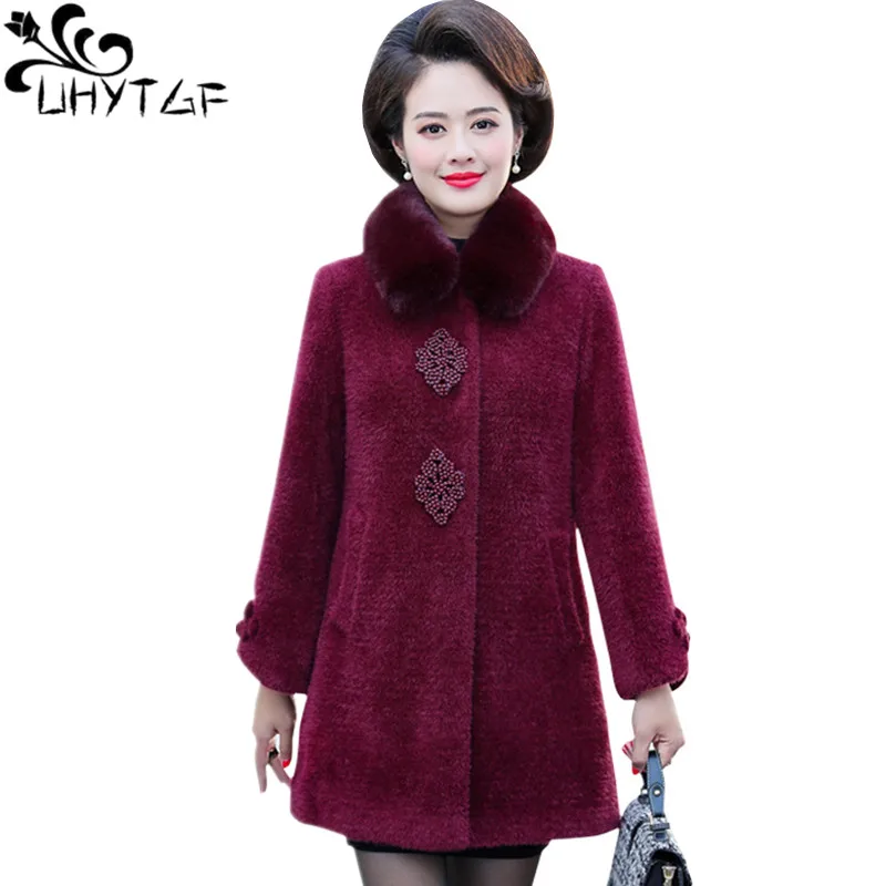 UHYTGF Imitation Mink Cashmere Winter Wool Coat Women Fashion Fur Collar Thick Warm Coats Loose 5XL Big Size Tops Outerwear 524