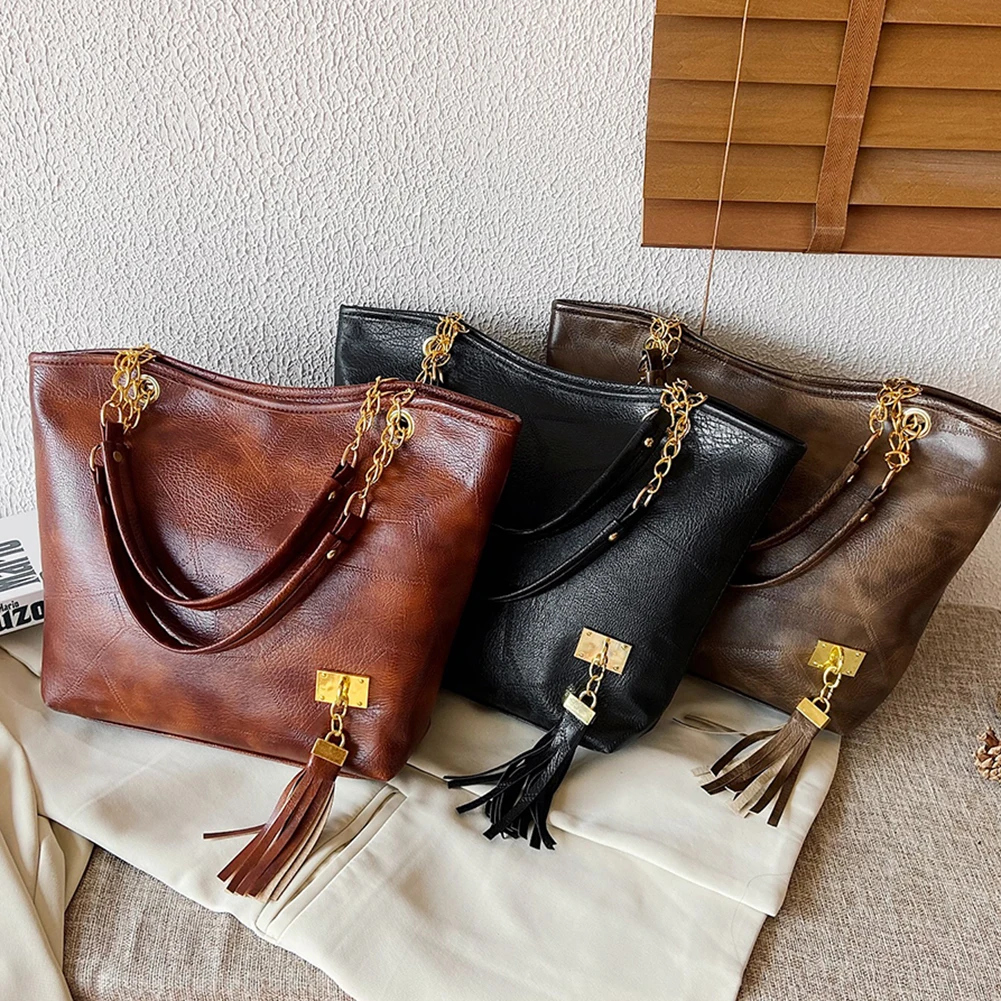 

Сумка-шоппер женская из экокожи, модный саквояж на плечо, Повседневная вместительная сумочка-тоут с цепочкой и кисточками, однотонный цвет