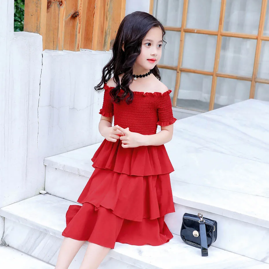 Платье для девочек платья с открытыми плечами однотонное детское нарядное