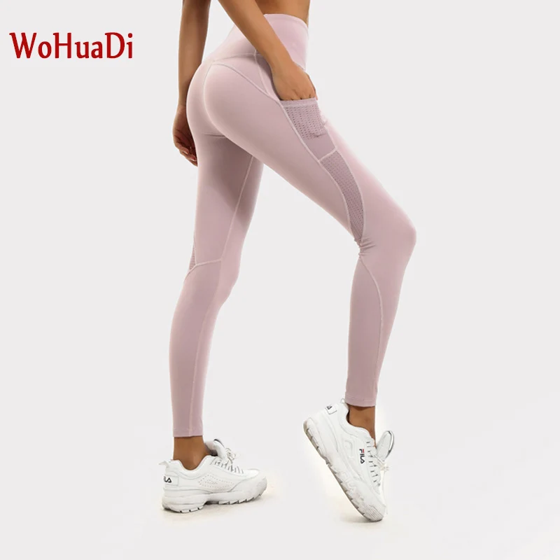 

WOHUADI Women Yoga Fitness Gym Leggings High waist yoga pants Side pocket gauze patchwork fashion yoga jogging leggings Female